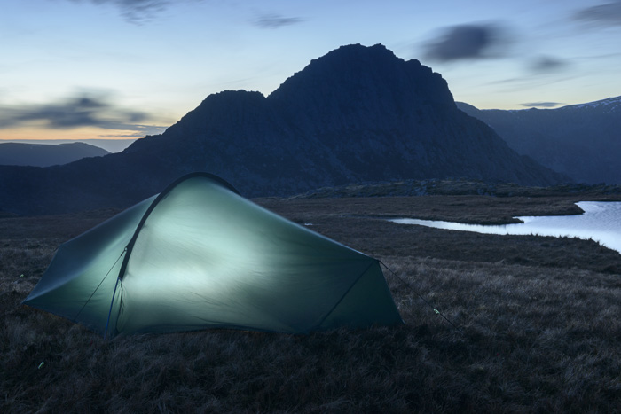 A tent pitched overlooking Tryfan, Snowdonia.